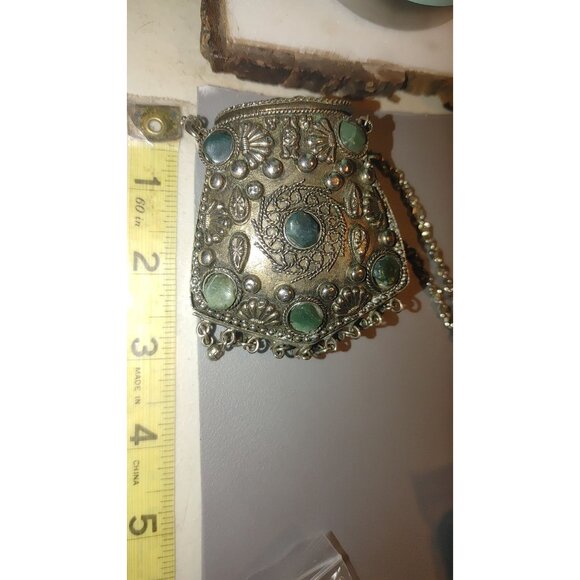 Sajai Gemstone Coin Purse Ethnic Silver Pendant Necklace Green Gemstones Bohemia - Picture 10 of 16